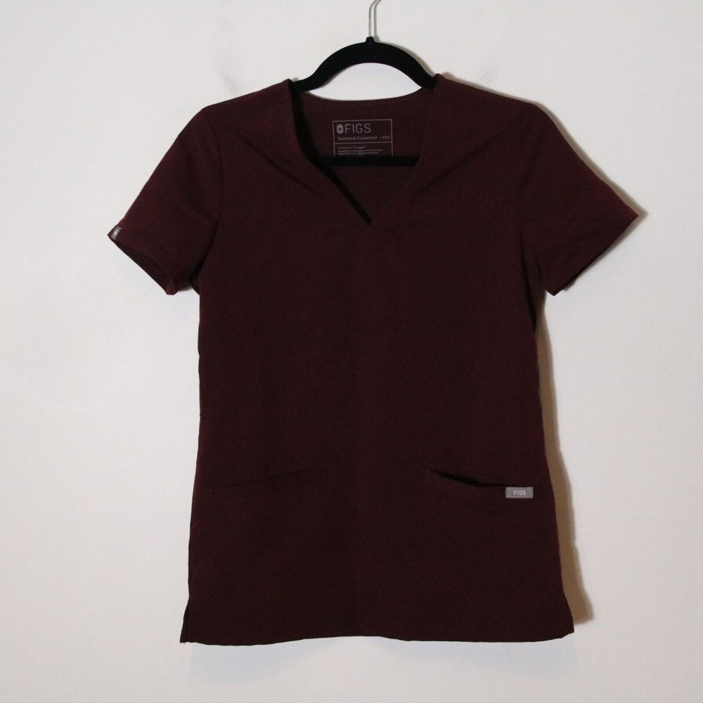 Figs Womens Casma Three Pocket Scrub Top Size XXS Burgundy Medical